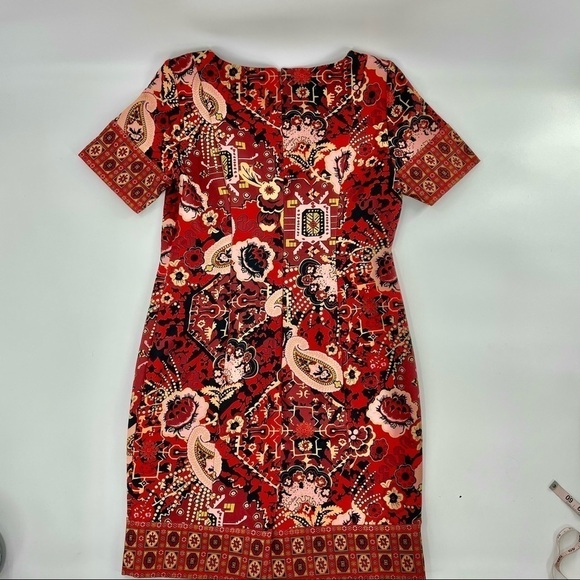 Talbots red paisley print ponte lined sheath dress 10P - Picture 5 of 8